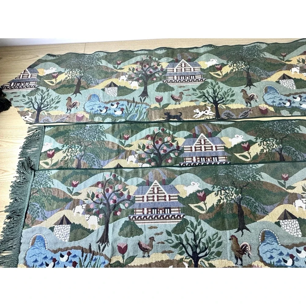 Green Tapestry Table Runner Fringed Tasseled Farm Life Animals Country 3 Pc